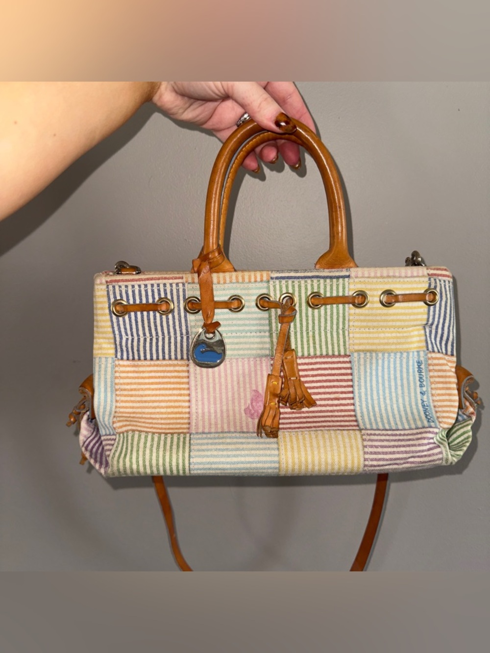 Dooney & Bourke Multicolor Pastel Patchwork Satchel with Tan Leather Trim
